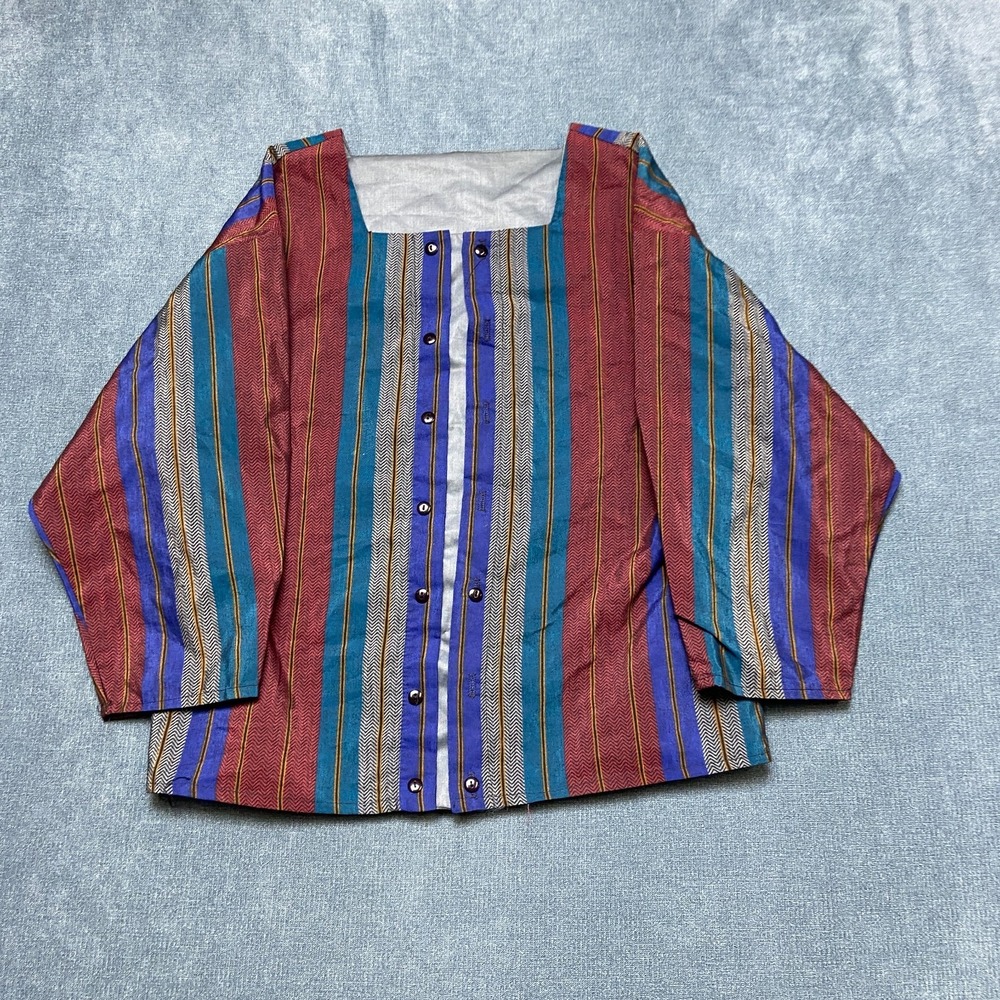 Eber Blouse Top Womens S Multicolor Striped Cotton Blend Long Sleeve Square Neck